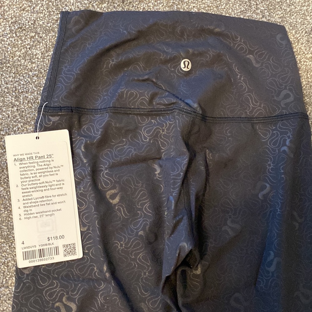 NEW W/ TAGS. Lululemon women’s black leggings size 4. High rise 25” leggings.